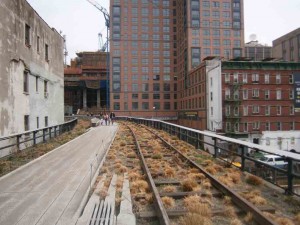 Much of the High Line looks like this, with one track replaced by a walkway and the other left in place.